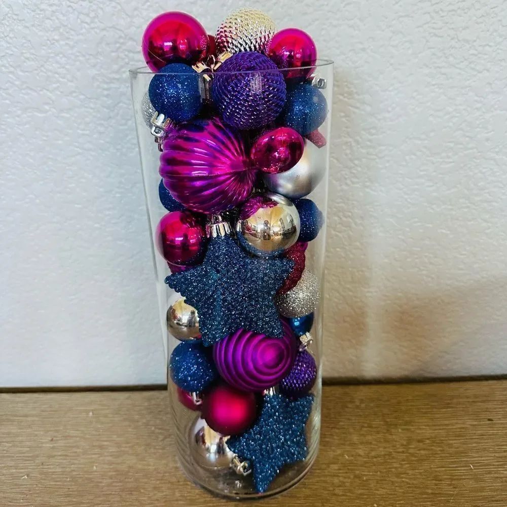 Christmas Holiday Pink Purple Glam Ornaments Glass Vase Centerpiece Decor